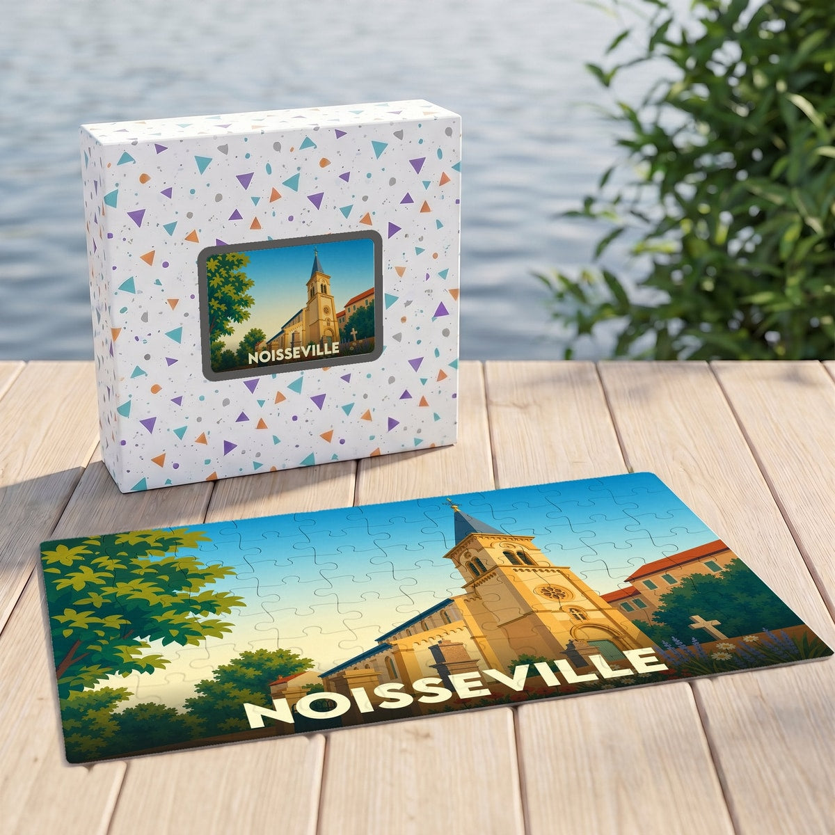 Puzzle souvenir de la ville de Noisseville avec une illustration stylisée de son église.