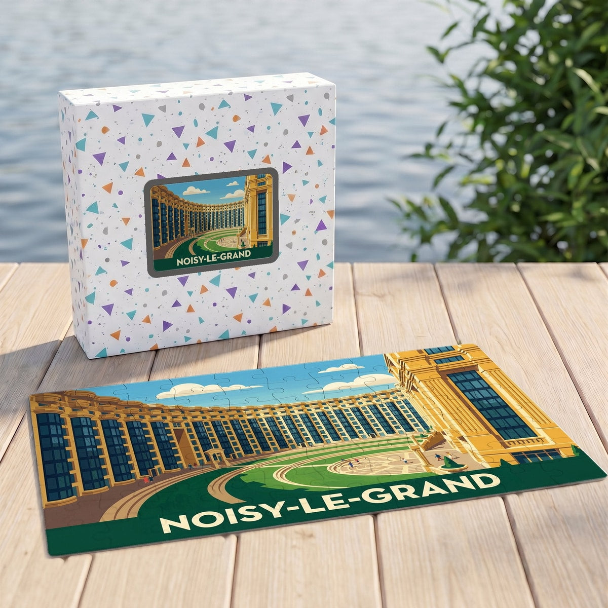 Puzzle souvenir de la ville de Noisy-le-Grand avec une illustration stylisée de son architecture emblématique.