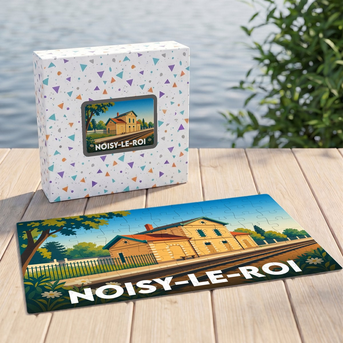 Puzzle souvenir de la ville de Noisy-le-Roi illustrant sa gare dans un style rétro coloré.