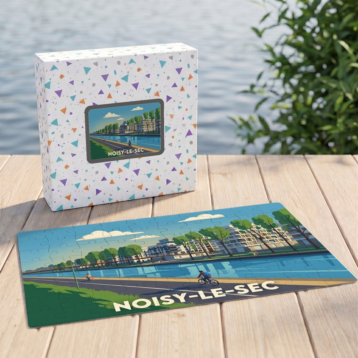 Puzzle souvenir de la ville de Noisy-le-Sec avec une illustration stylisée des bords du canal de l'Ourcq.