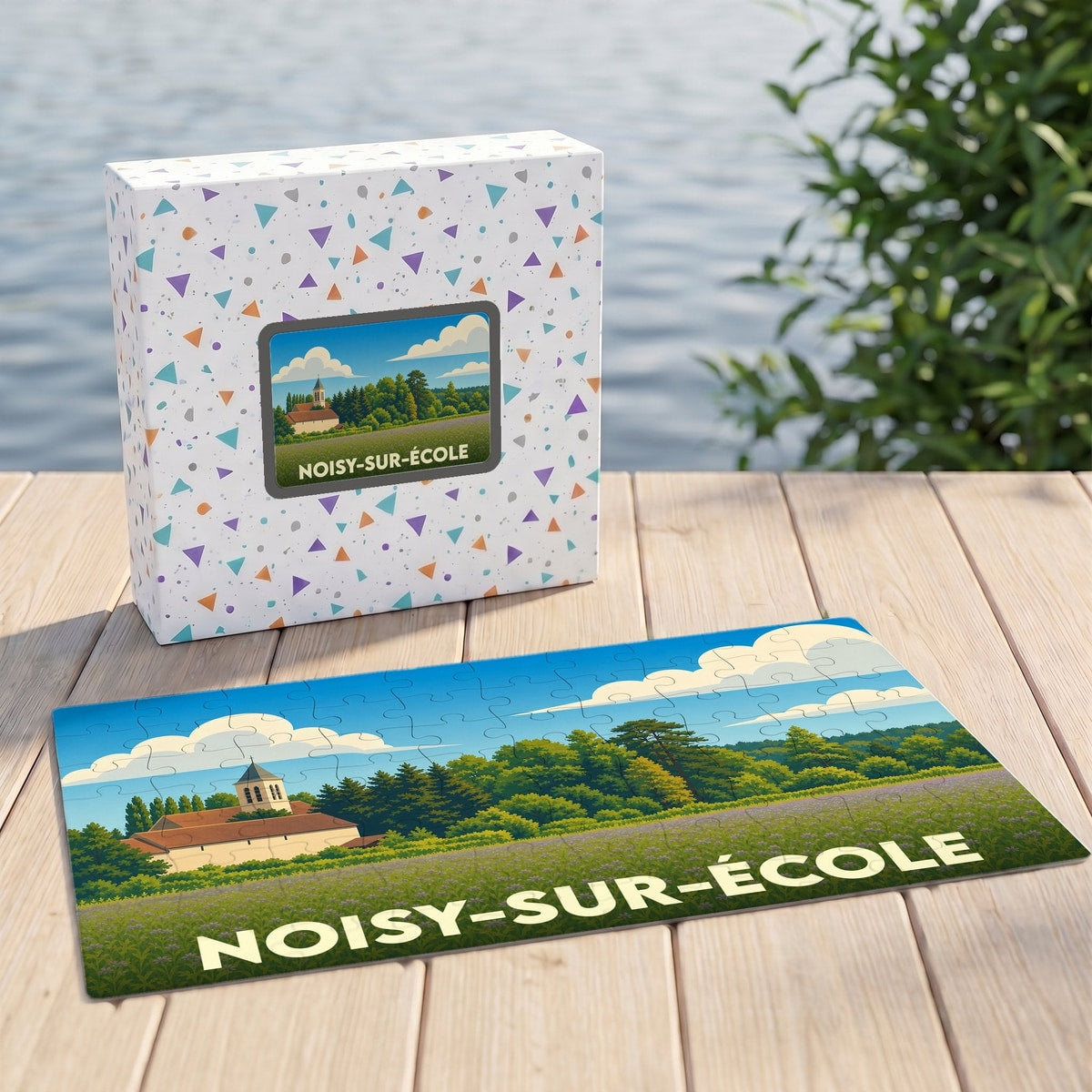 Puzzle souvenir de la ville de Noisy-sur-École avec une illustration stylisée de son paysage et de son église.