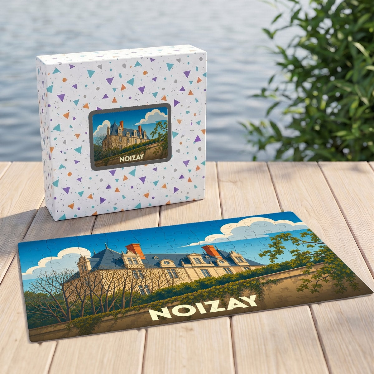 Puzzle souvenir de la ville de Noizay avec une illustration stylisée d'un château.