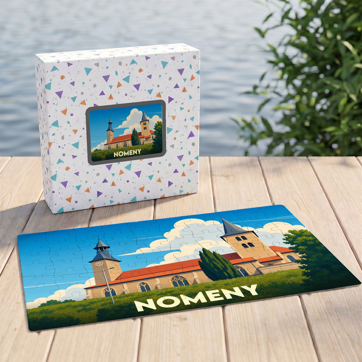 Puzzle souvenir de la ville de Nomeny avec une illustration stylisée de son église, présenté avec sa boîte assortie sur un ponton en bois.