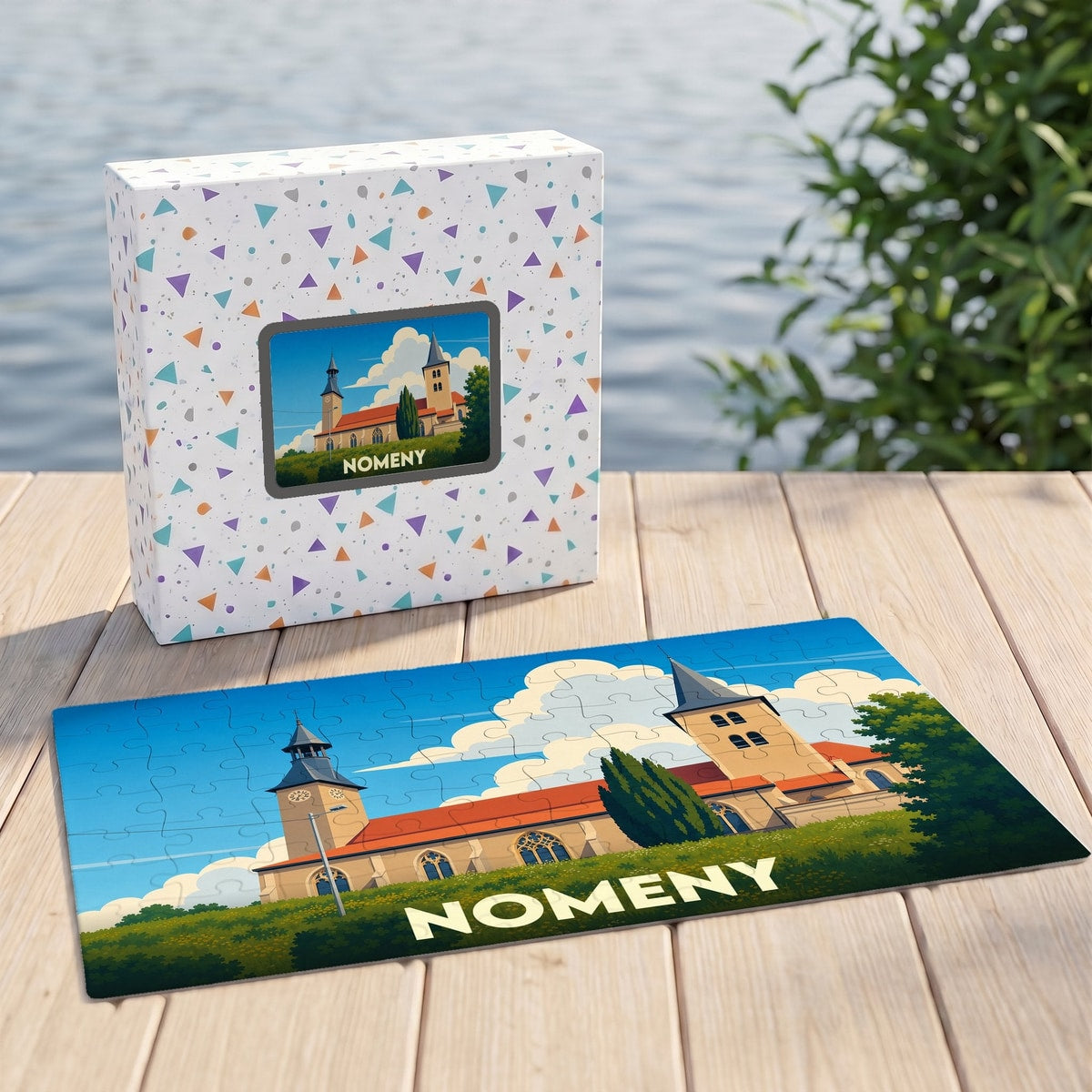 Puzzle souvenir de la ville de Nomeny avec une illustration stylisée de son église, présenté avec sa boîte assortie sur un ponton en bois.
