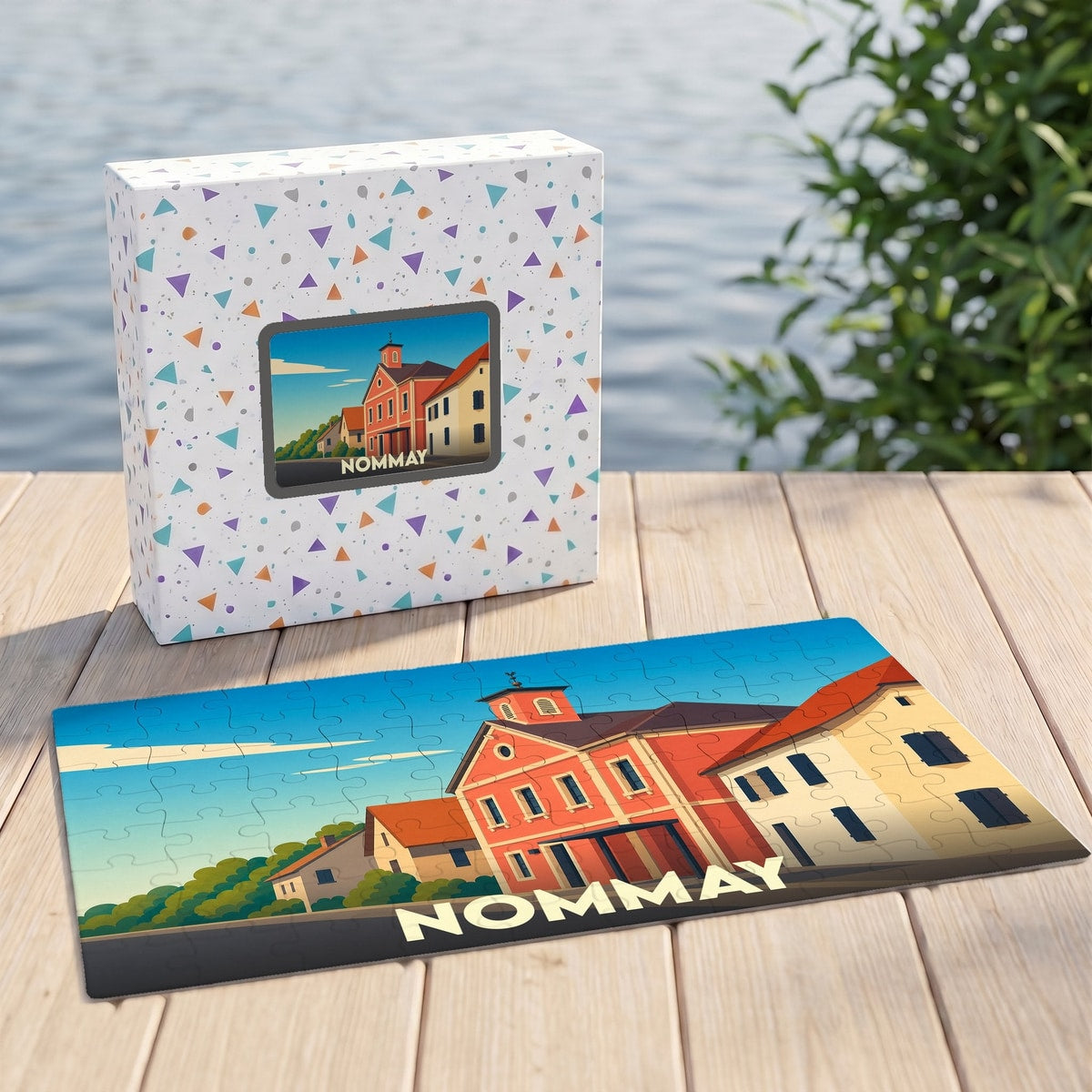 Puzzle souvenir de la ville de Nommay avec une illustration stylisée de bâtiments colorés, présenté à côté de sa boîte assortie.
