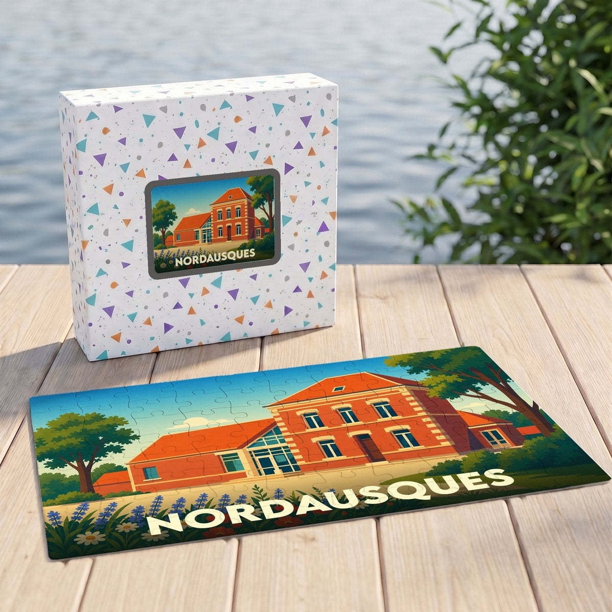 Puzzle souvenir de la ville de Nordausques avec une illustration stylisée d'un bâtiment en briques.