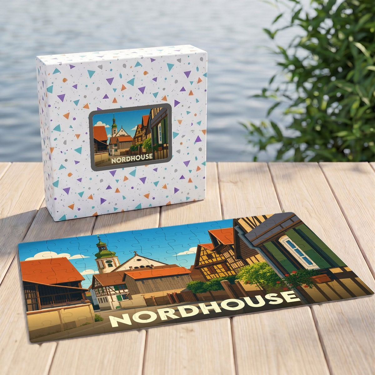 Puzzle souvenir de la ville de Nordhouse avec une illustration stylisée de ses maisons à colombages.