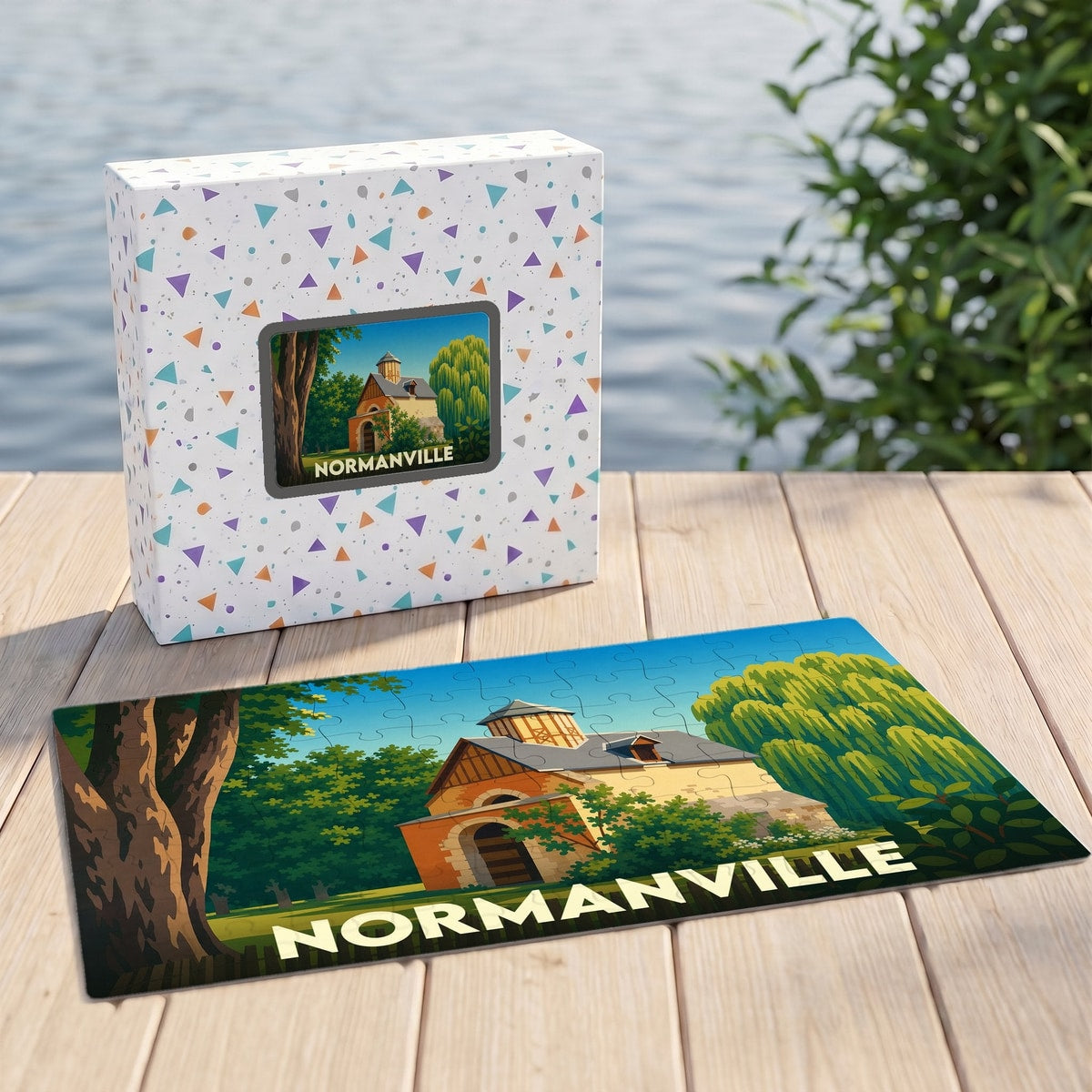 Puzzle souvenir de la ville de Normanville avec une illustration stylisée d'un bâtiment historique.