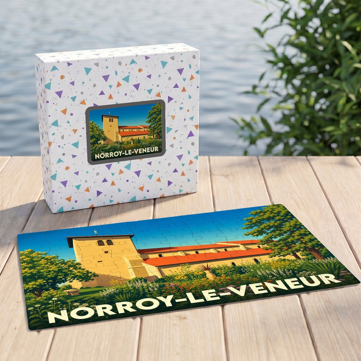 Puzzle souvenir de la ville de Norroy-le-Veneur avec une illustration stylisée de son église.