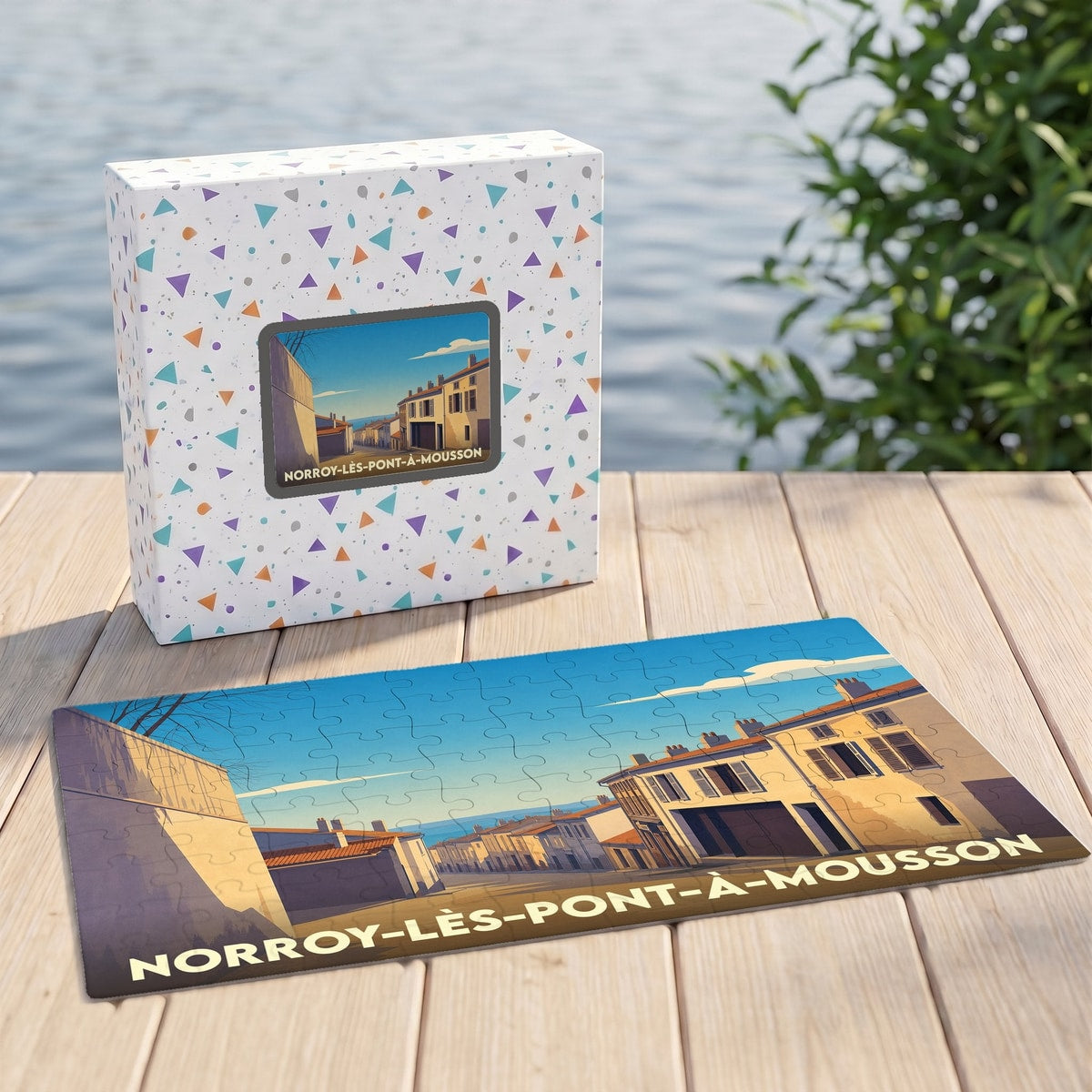 Puzzle souvenir de la ville de Norroy-lès-Pont-à-Mousson avec une illustration stylisée.