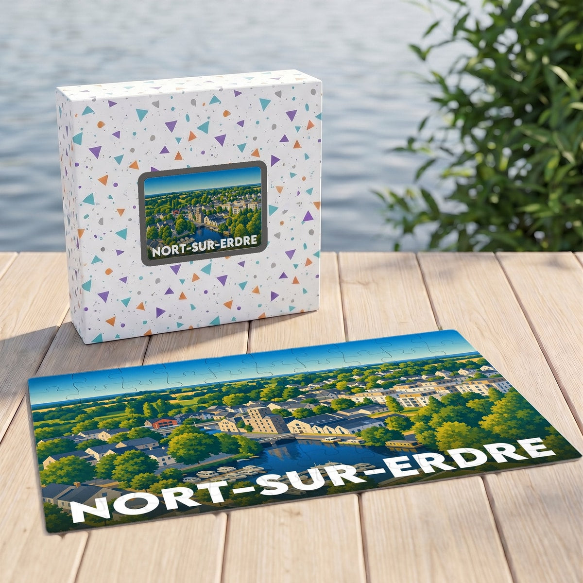 Puzzle souvenir de la ville de Nort-sur-Erdre avec une illustration panoramique stylisée.