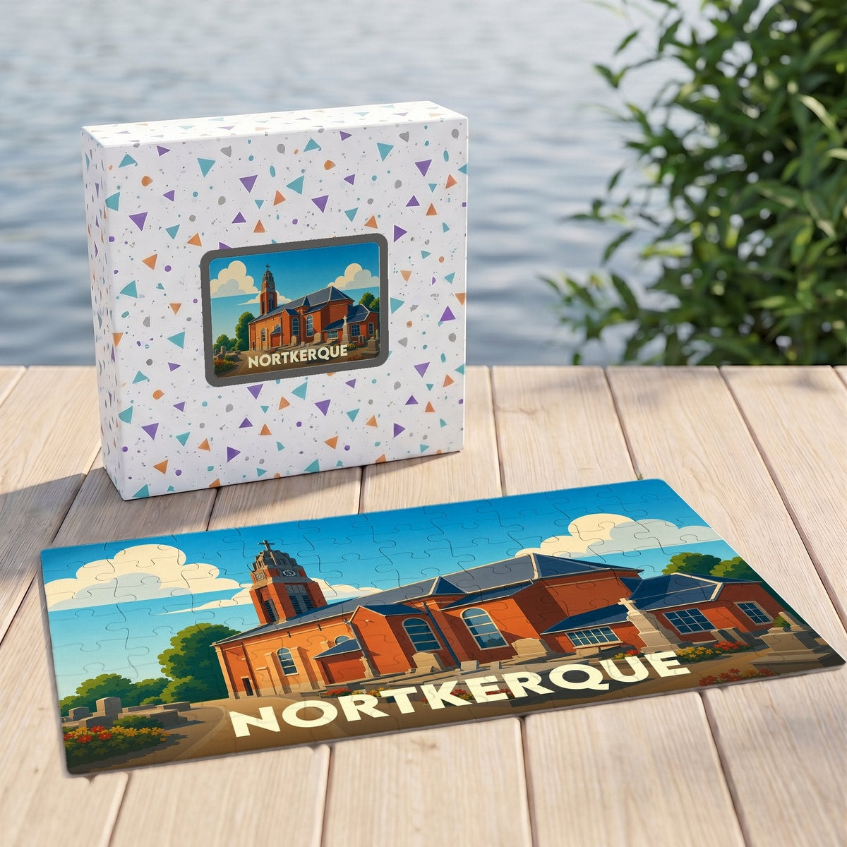 Puzzle souvenir de la ville de Nortkerque avec une illustration stylisée d'un bâtiment historique.