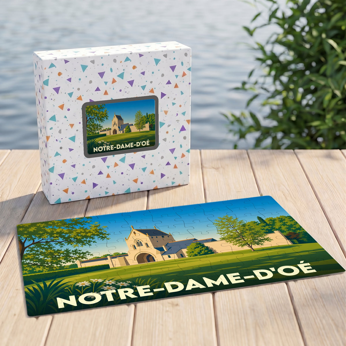 Puzzle souvenir de la ville de Notre-Dame-d'Oé avec une illustration stylisée d'un bâtiment historique.
