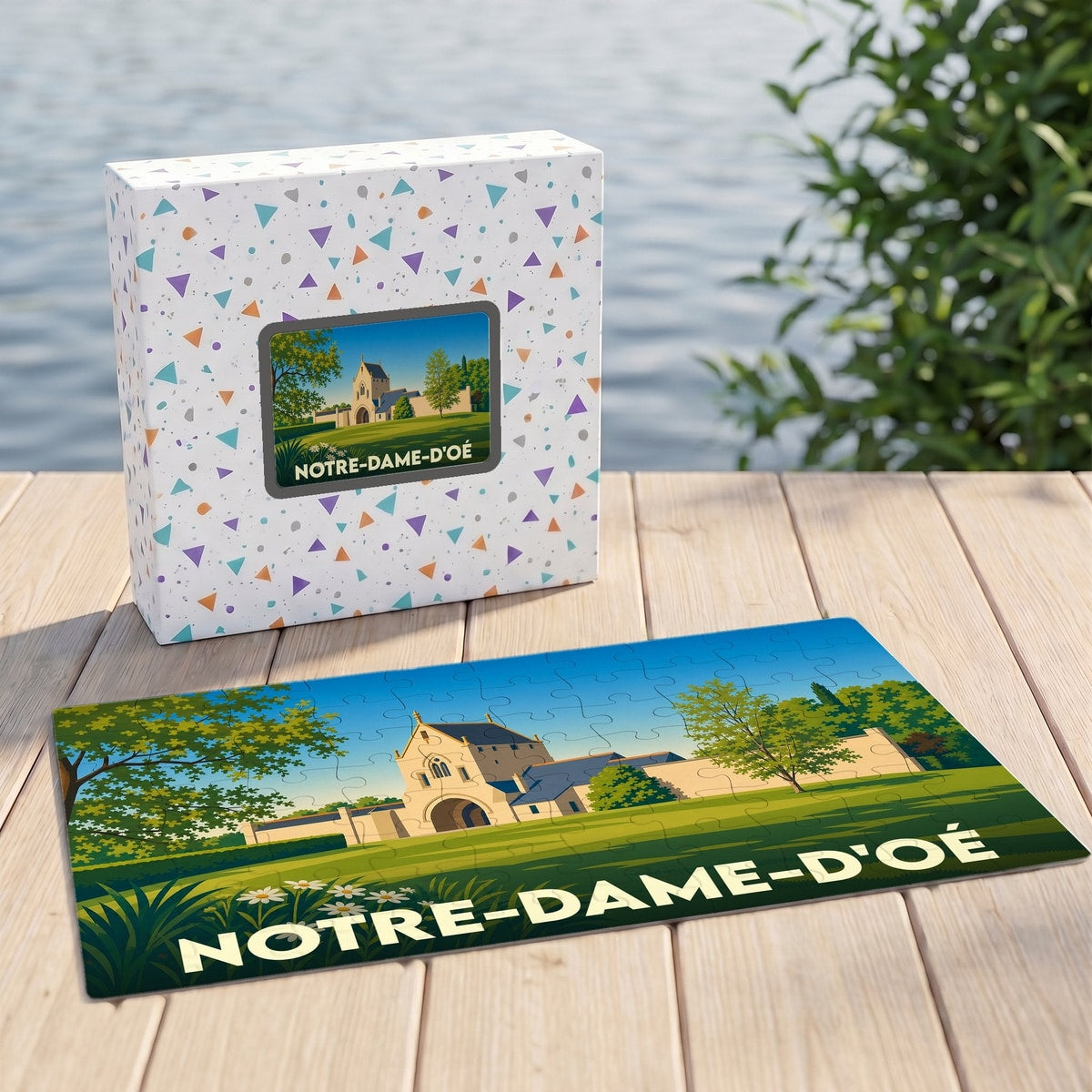 Puzzle souvenir de la ville de Notre-Dame-d'Oé avec une illustration stylisée d'un bâtiment historique.