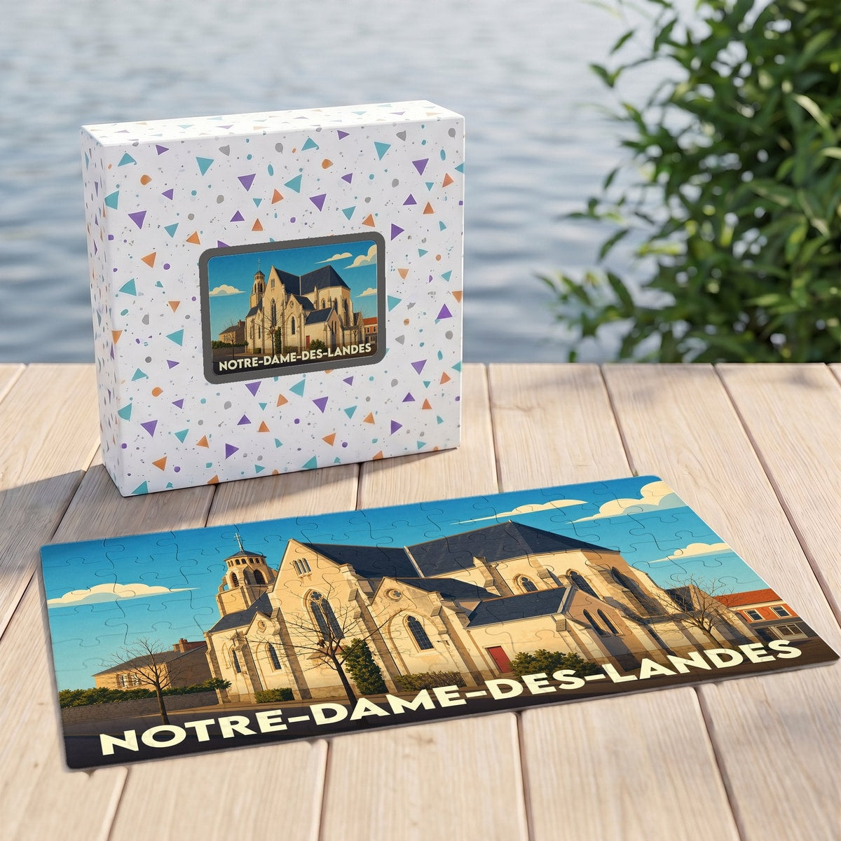 Puzzle souvenir de la ville de Notre-Dame-des-Landes avec une illustration stylisée de son église.