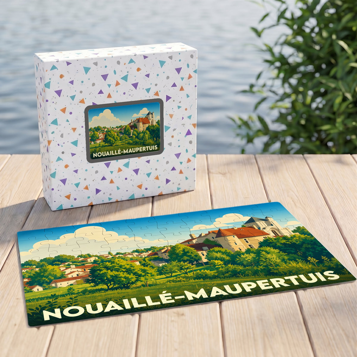 Puzzle souvenir de la ville de Nouaillé-Maupertuis avec une illustration stylisée d'un paysage historique.