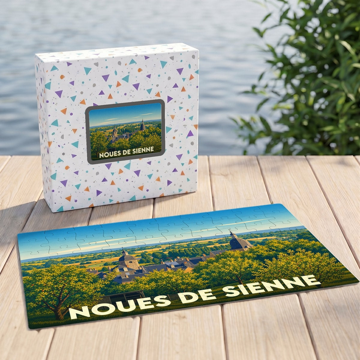 Puzzle souvenir de la ville de Noues de Sienne avec une illustration paysagère stylisée.