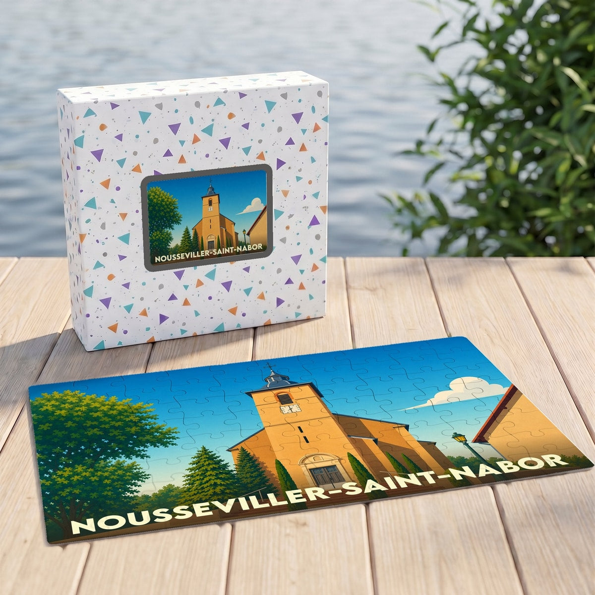 Puzzle souvenir de la ville de Nousseviller-Saint-Nabor avec son illustration stylisée et sa boîte assortie.