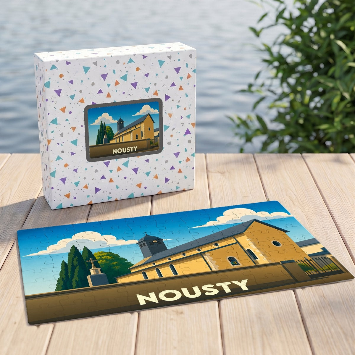 Puzzle souvenir de la ville de Nousty avec une illustration stylisée d'une église sous un ciel bleu.
