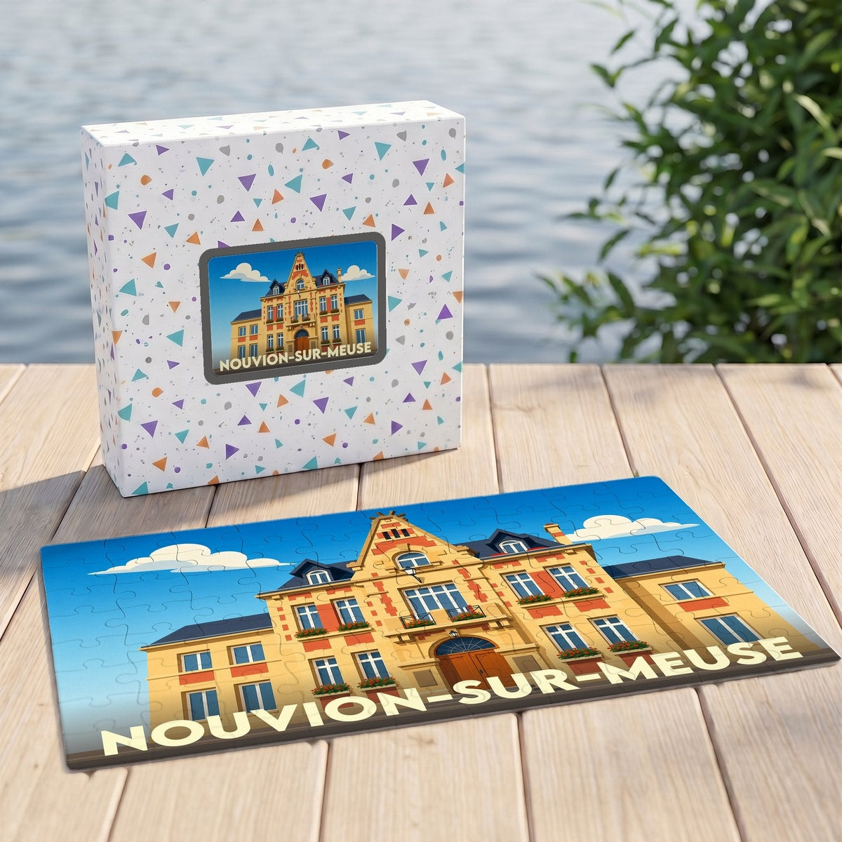 Puzzle souvenir de la ville de Nouvion-sur-Meuse avec une illustration colorée de l'hôtel de ville.