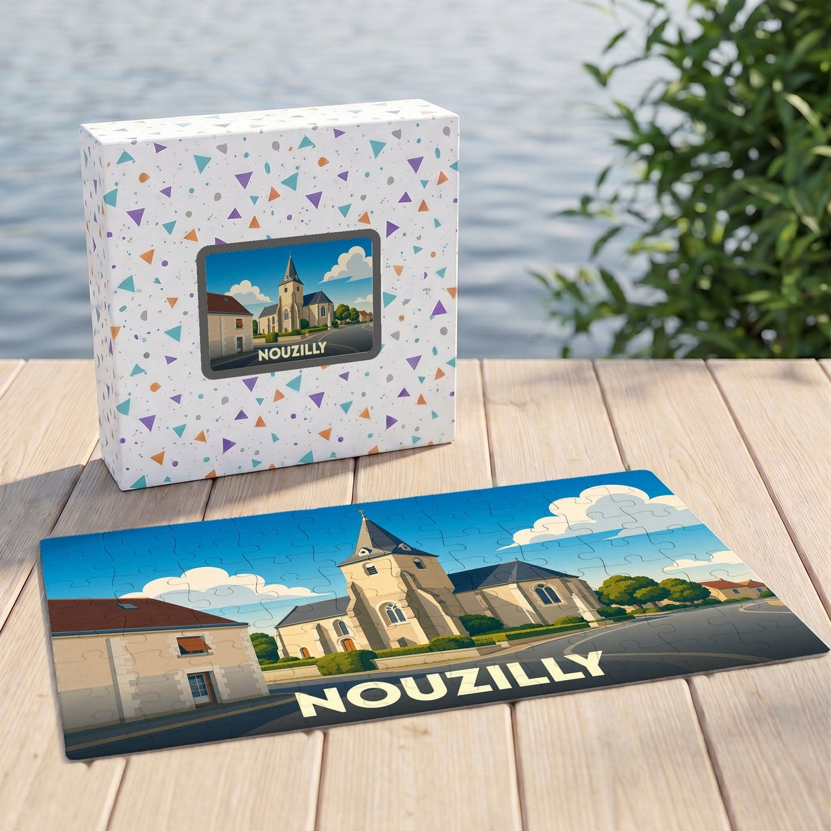 Puzzle souvenir de la ville de Nouzilly avec une illustration stylisée d'une église sous un ciel bleu.