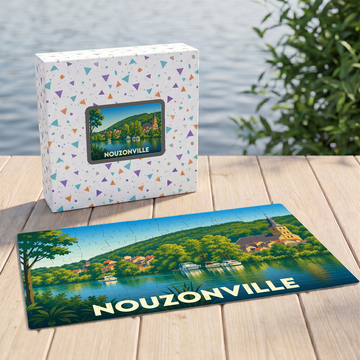 Puzzle souvenir de la ville de Nouzonville avec une illustration paysagère stylisée.