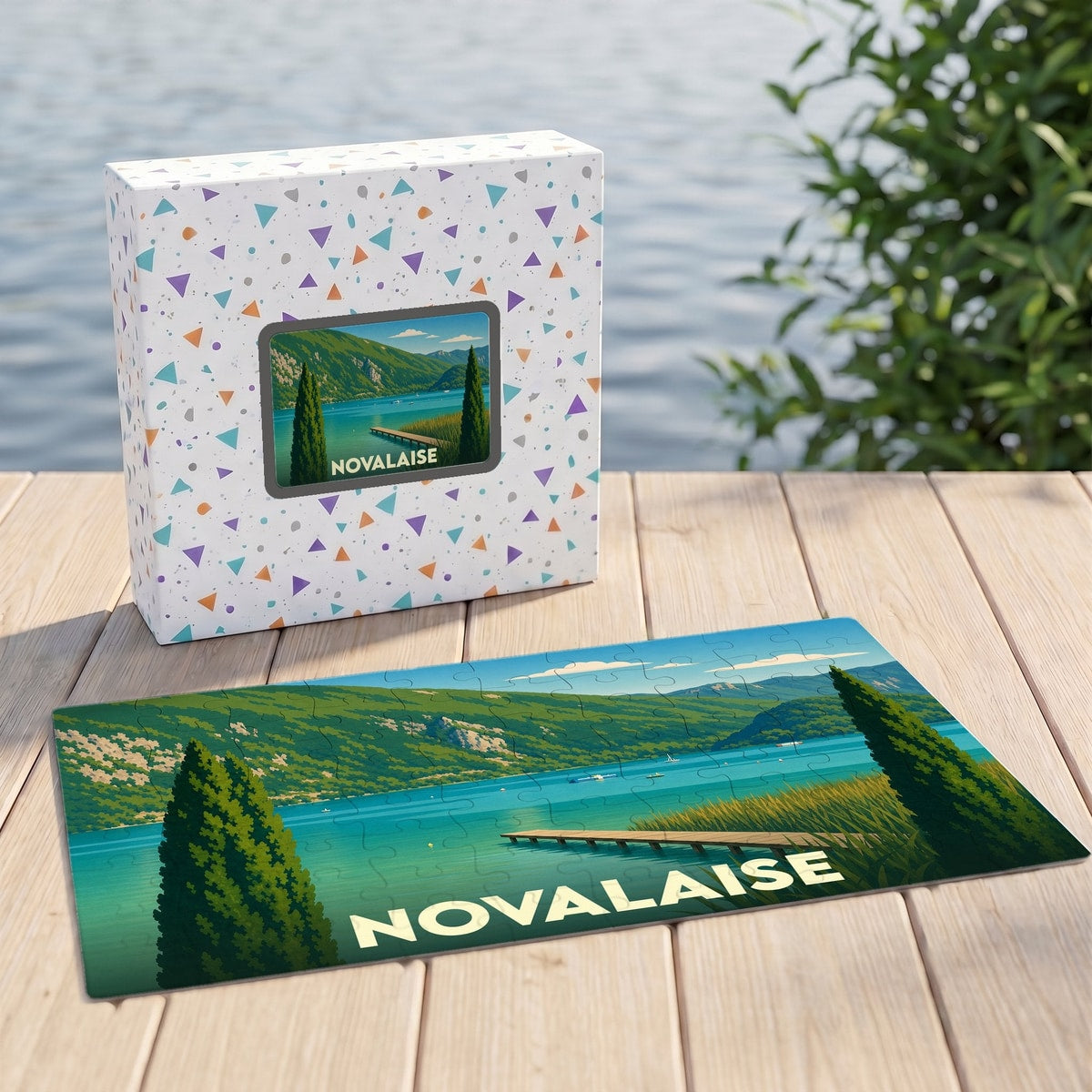 Puzzle souvenir de la ville de Novalaise avec une illustration stylisée de son lac.