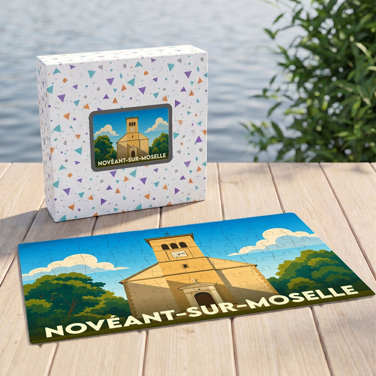 Puzzle souvenir de la ville de Novéant-sur-Moselle avec une illustration stylisée d'une église.