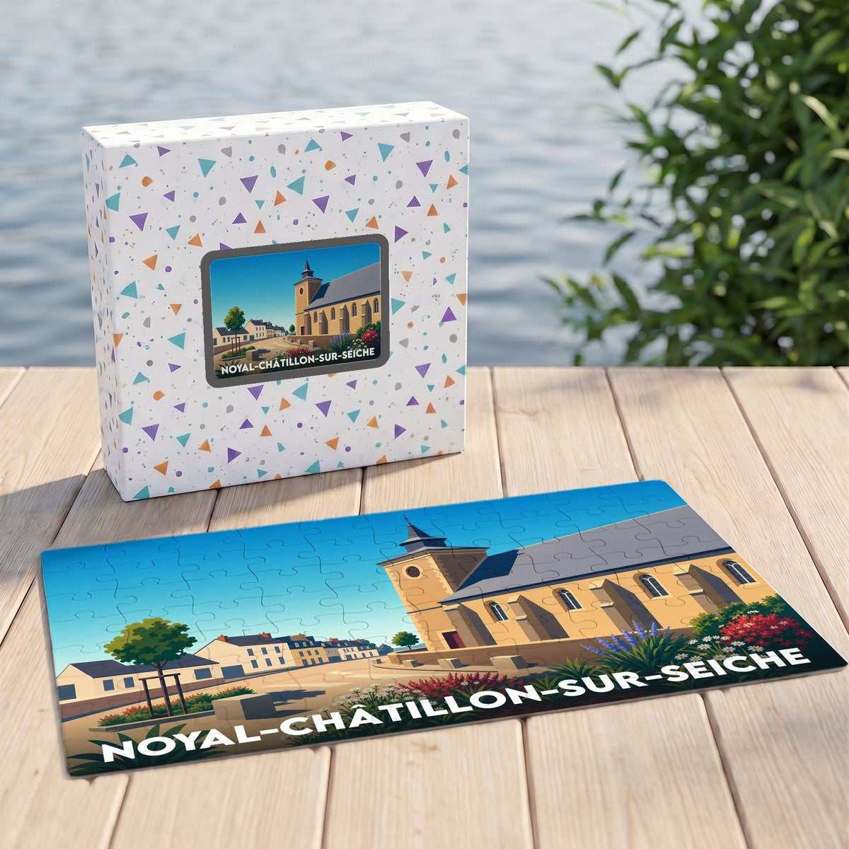 Puzzle souvenir de la ville de Noyal-Châtillon-sur-Seiche avec une illustration stylisée de son église et de ses maisons.