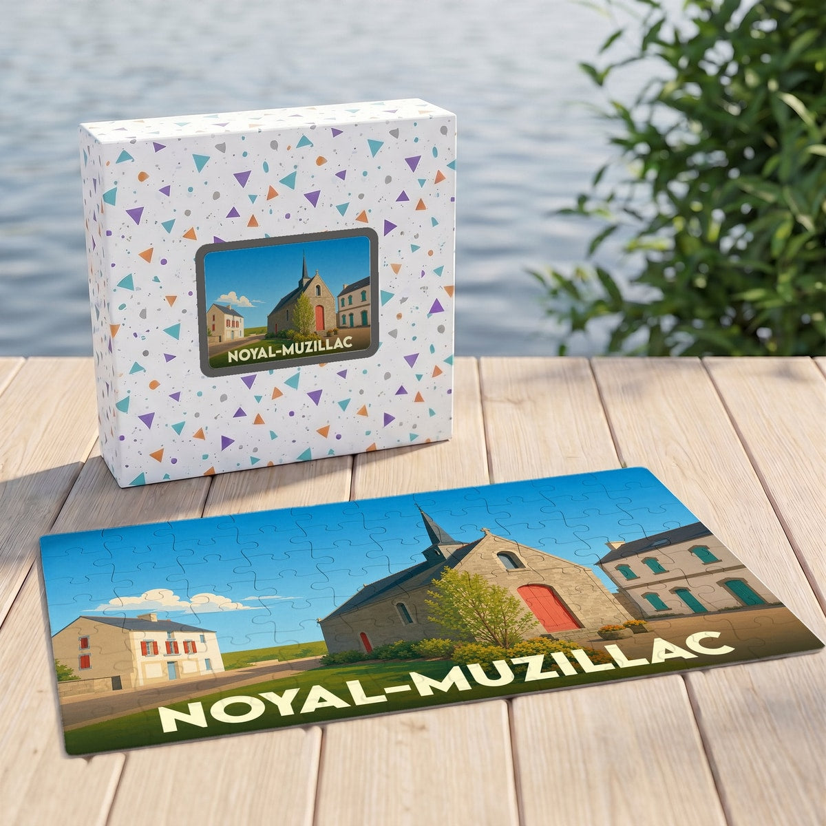 Puzzle souvenir de la ville de Noyal-Muzillac avec une illustration stylisée et colorée de son patrimoine.