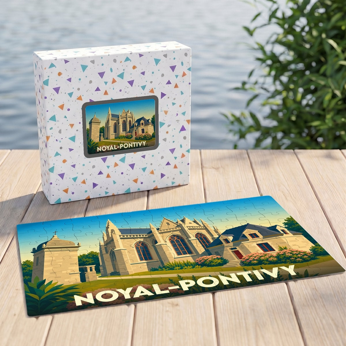 Puzzle souvenir de la ville de Noyal-Pontivy avec une illustration stylisée d'un bâtiment historique.