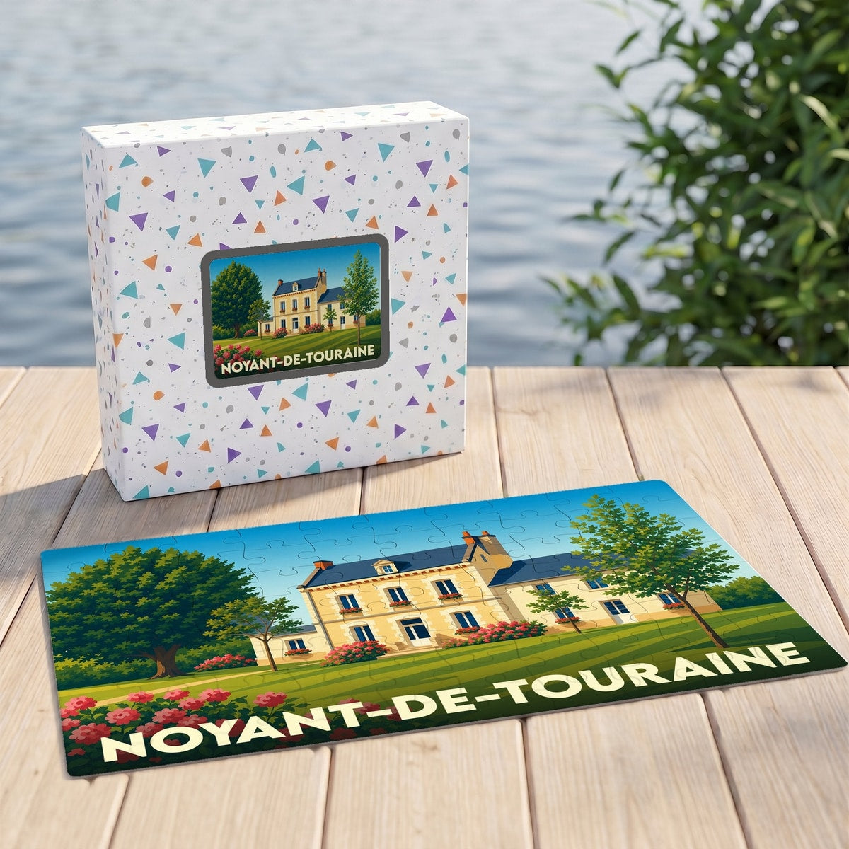 Puzzle souvenir de Noyant-de-Touraine illustré d'une maison de maître entourée d'un jardin.