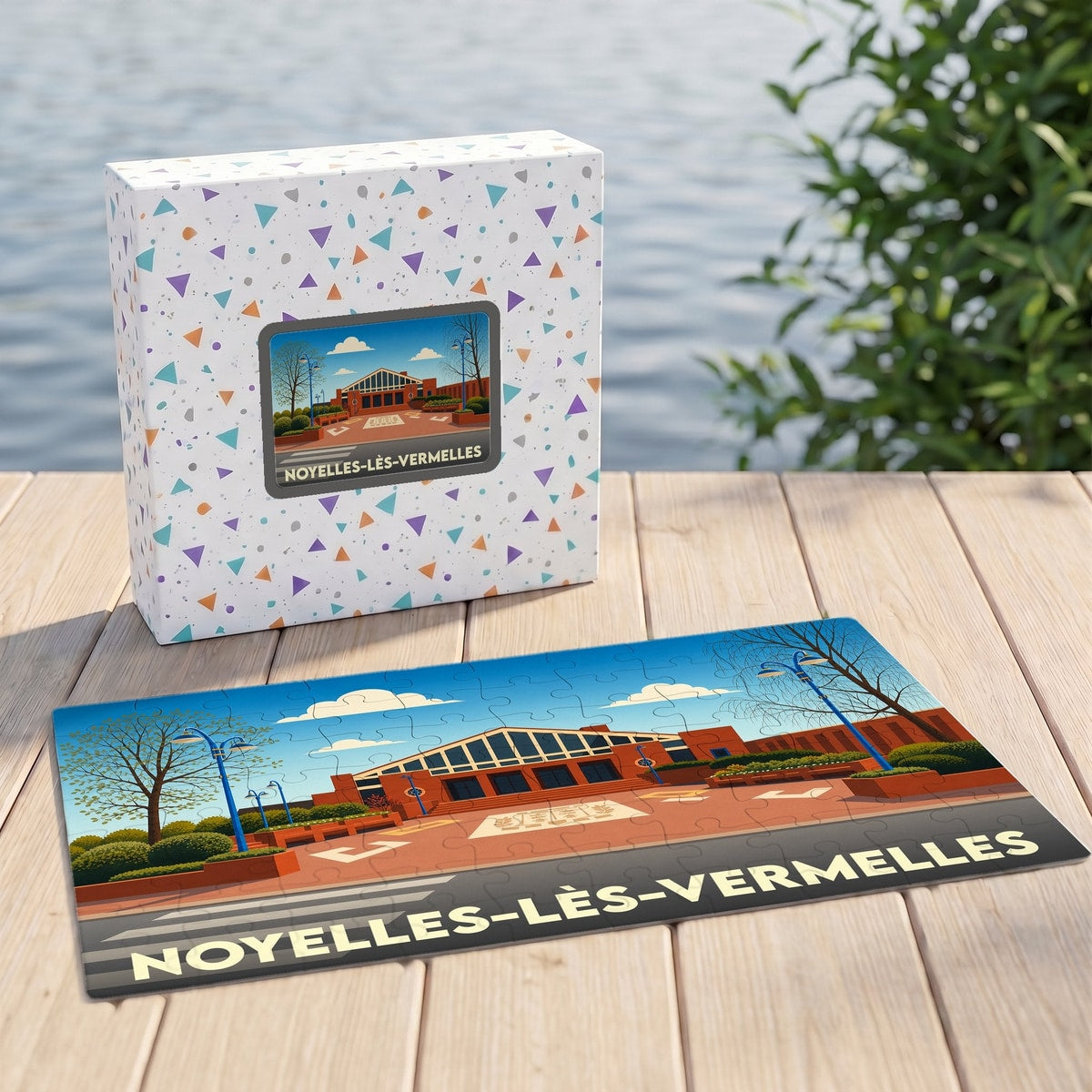 Puzzle souvenir de la ville de Noyelles-lès-Vermelles avec une illustration stylisée du paysage urbain.