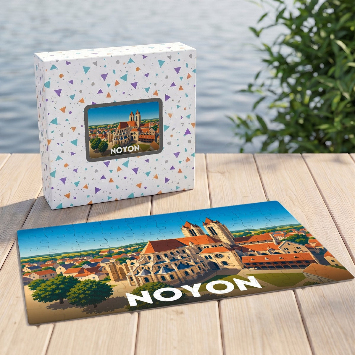 Puzzle souvenir de la ville de Noyon avec une illustration stylisée de sa cathédrale.