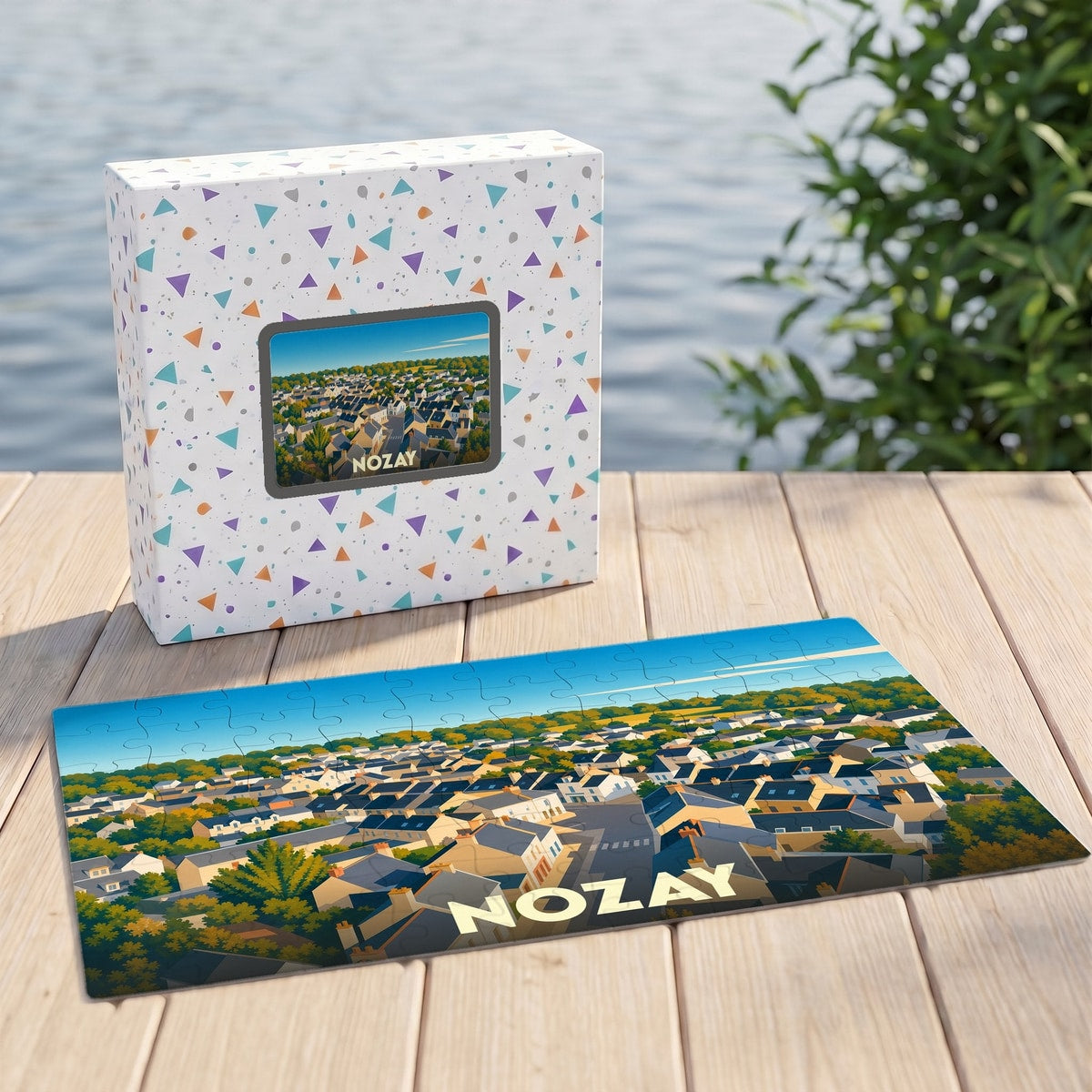 Puzzle souvenir de la ville de Nozay avec une illustration panoramique stylisée.