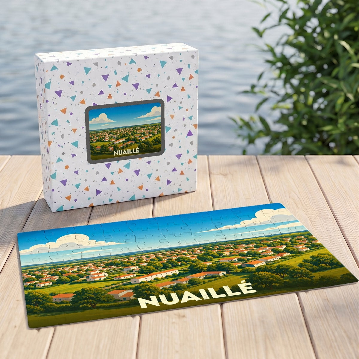 Puzzle souvenir de la ville de Nuaillé avec une illustration paysagère stylisée.