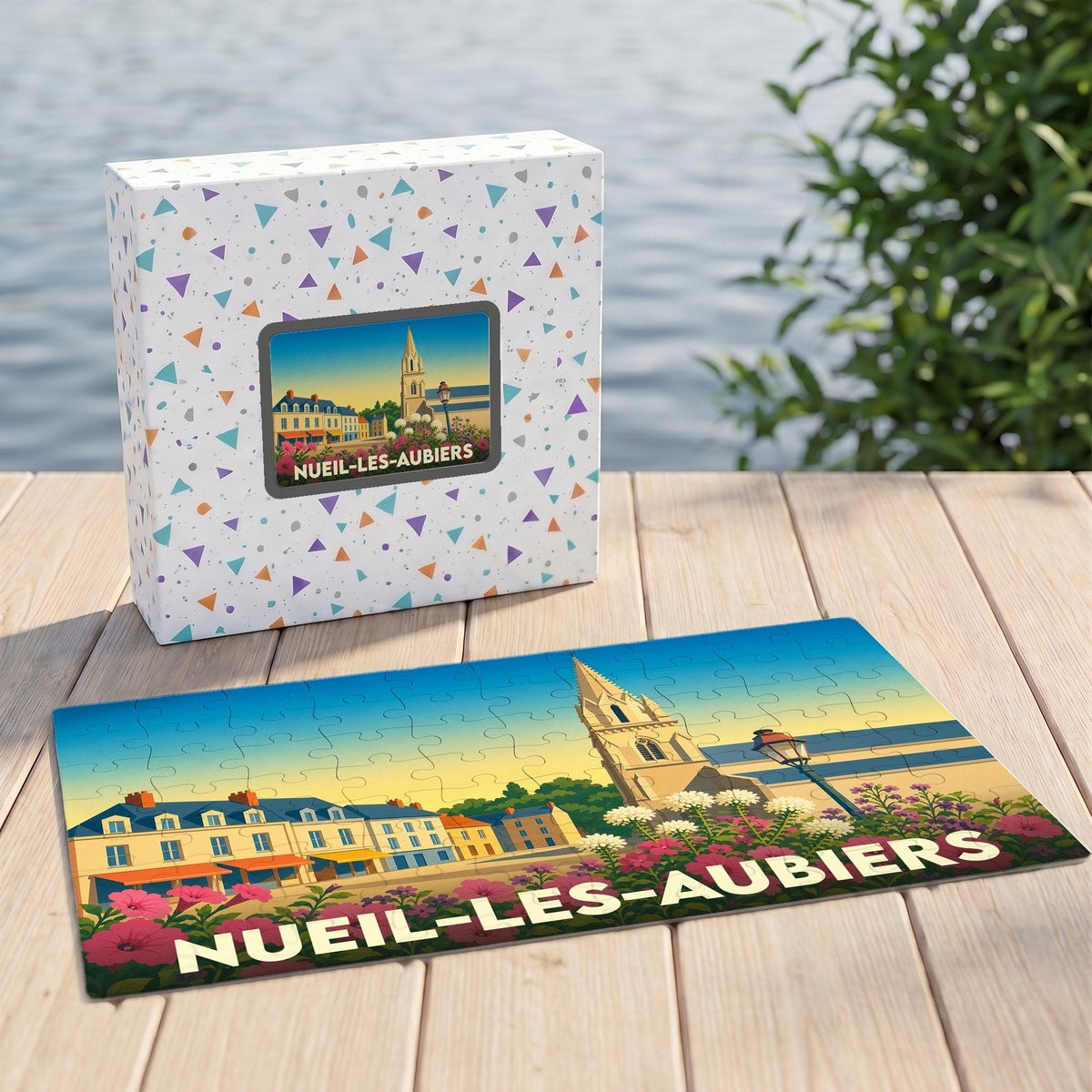 Puzzle souvenir de la ville de Nueil-les-Aubiers avec une illustration colorée et stylisée de son paysage urbain.