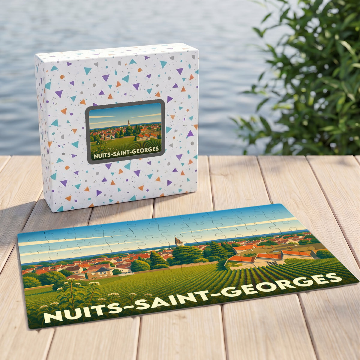 Puzzle souvenir de la ville de Nuits-Saint-Georges avec une illustration stylisée de son vignoble.