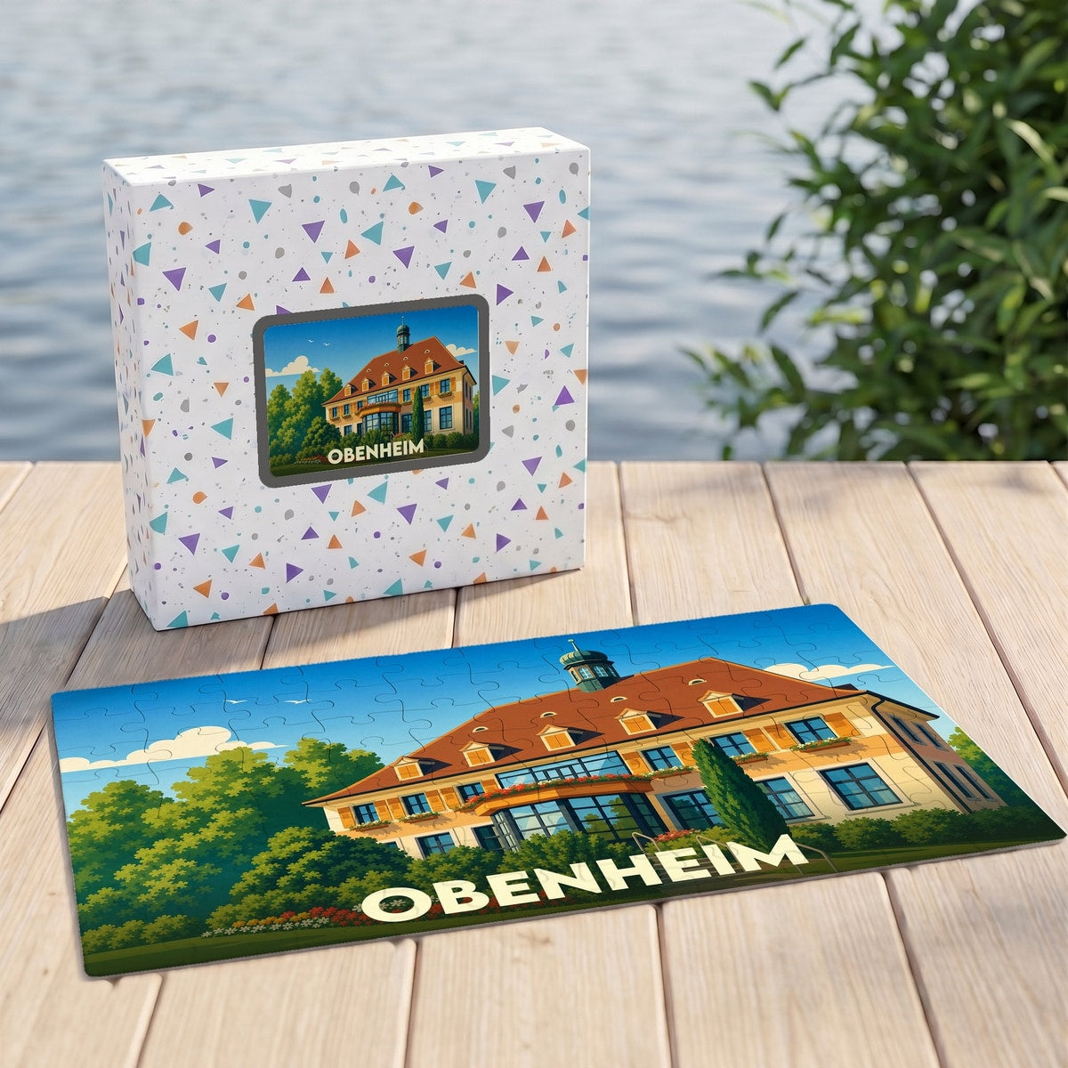 Puzzle souvenir de la ville d'Obenheim présentant une illustration stylisée d'un bâtiment historique.
