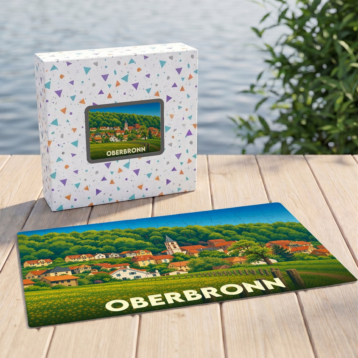 Puzzle souvenir de la ville d'Oberbronn avec une illustration colorée de ses maisons et de son église nichées dans la verdure.