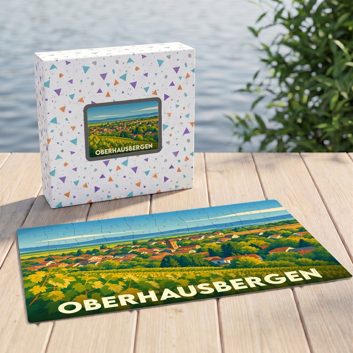 Puzzle souvenir de la ville de Oberhausbergen avec une illustration stylisée d'un paysage de vignobles et de maisons.