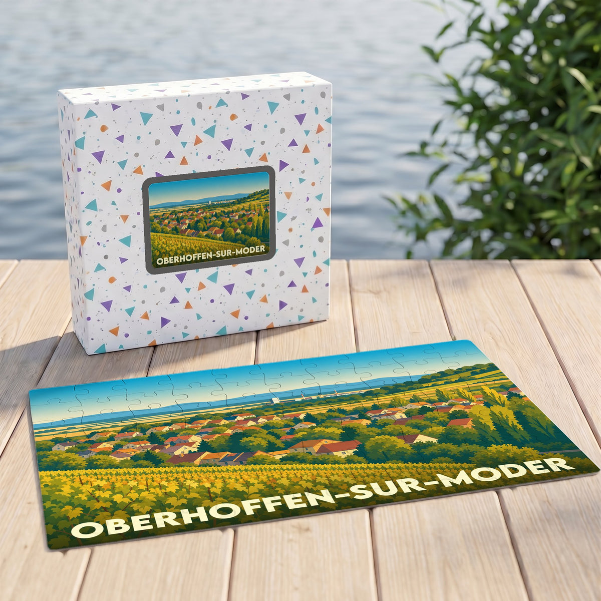 Puzzle souvenir de la ville d'Oberhoffen-sur-Moder illustrant un paysage de village alsacien et de vignobles.