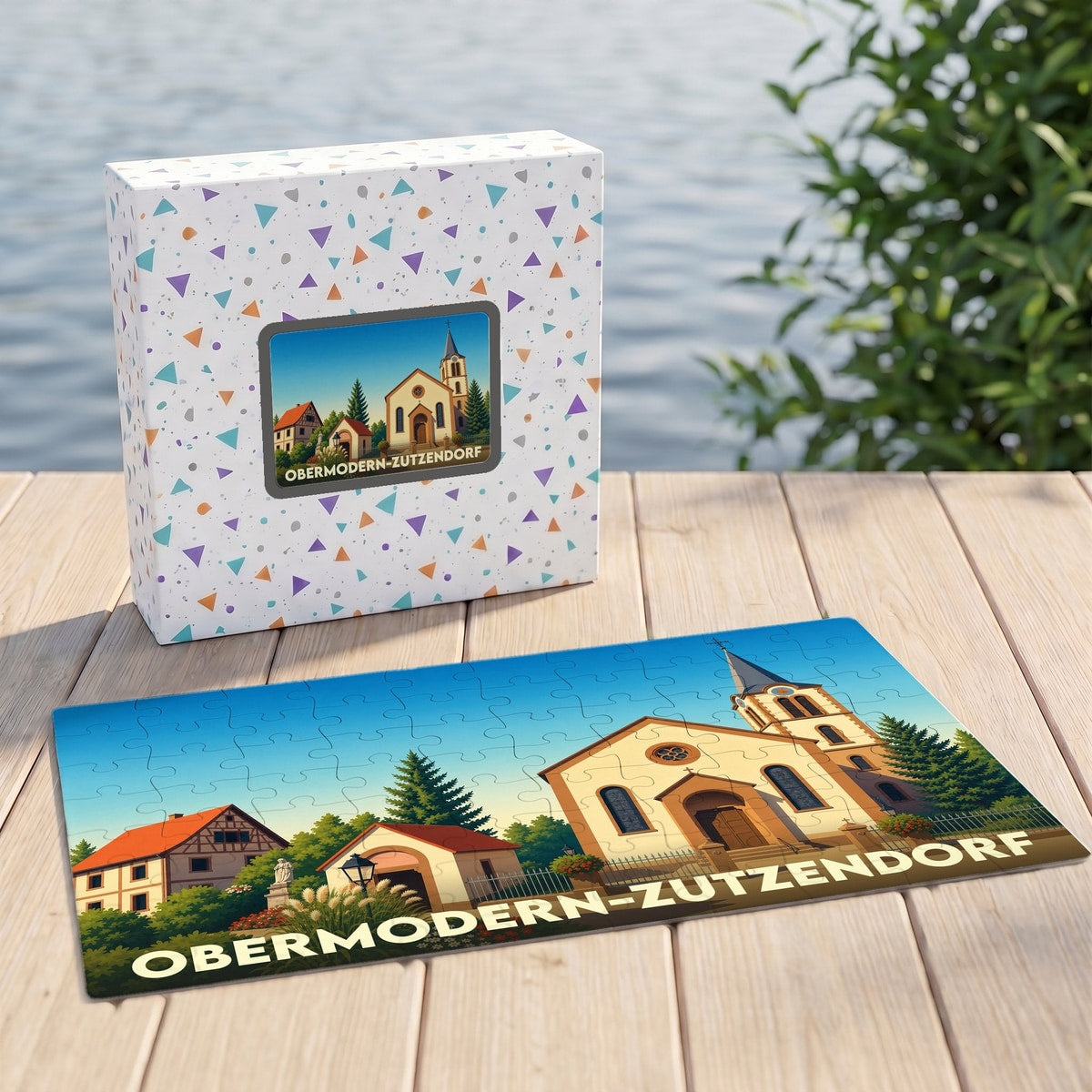 Puzzle souvenir de la ville d'Obermodern-Zutzendorf avec une illustration stylisée.
