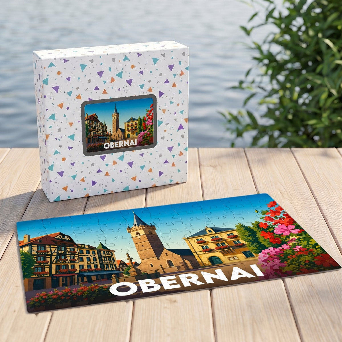 Puzzle souvenir de la ville d'Obernai avec une illustration colorée et stylisée de ses bâtiments emblématiques.