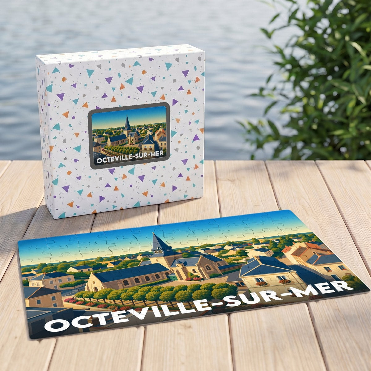 Puzzle souvenir de la ville d'Octeville-sur-Mer avec une illustration stylisée de son église et de ses maisons.