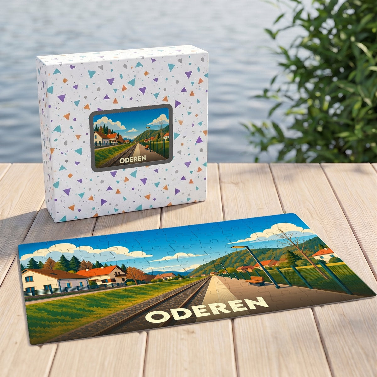 Puzzle souvenir de la ville d'Oderen avec une illustration stylisée d'un paysage ferroviaire.