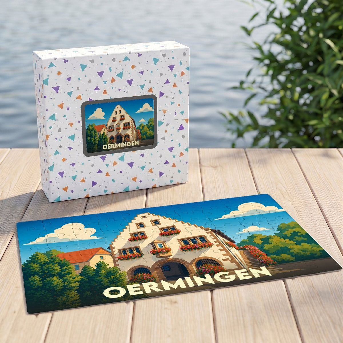 Puzzle souvenir de la ville d'Oermingen avec une illustration stylisée d'un bâtiment historique fleuri.