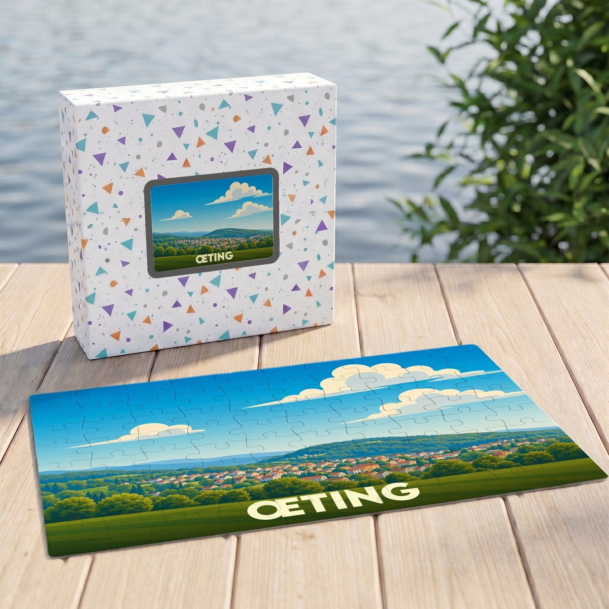 Puzzle souvenir de la ville de Œting représentant un paysage de campagne illustré.