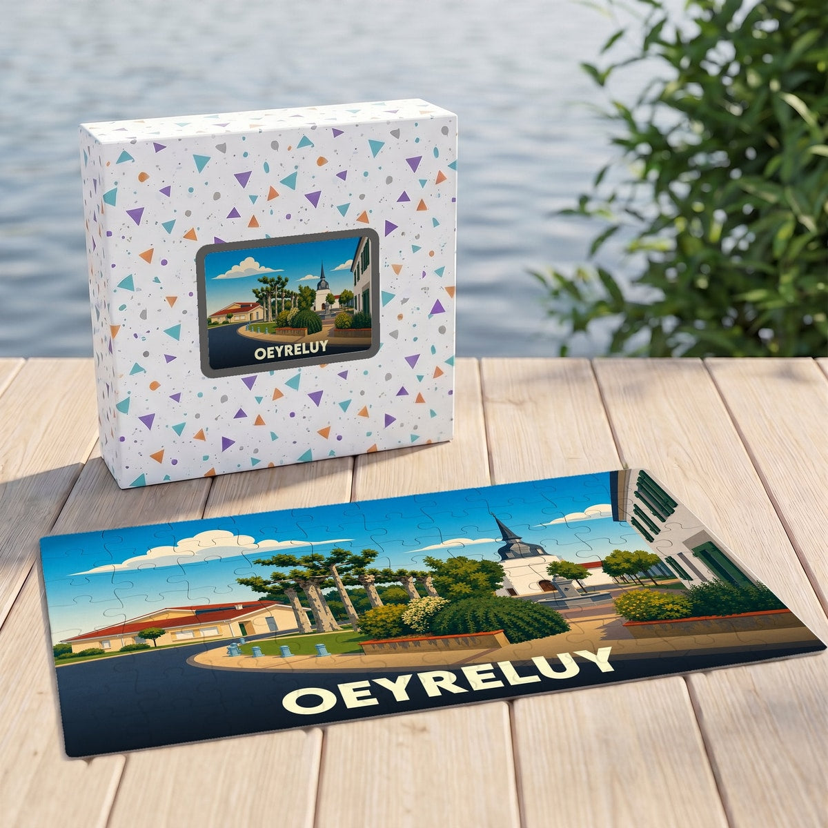 Puzzle souvenir de la ville d'Oeyreluy avec une illustration colorée et stylisée de son paysage urbain.