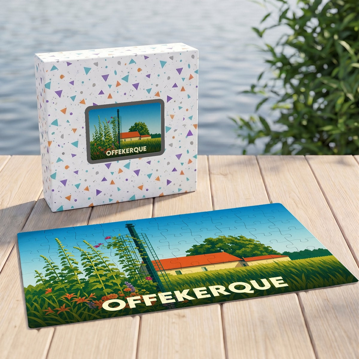 Puzzle souvenir de la ville de Offekerque avec une illustration paysagère stylisée.